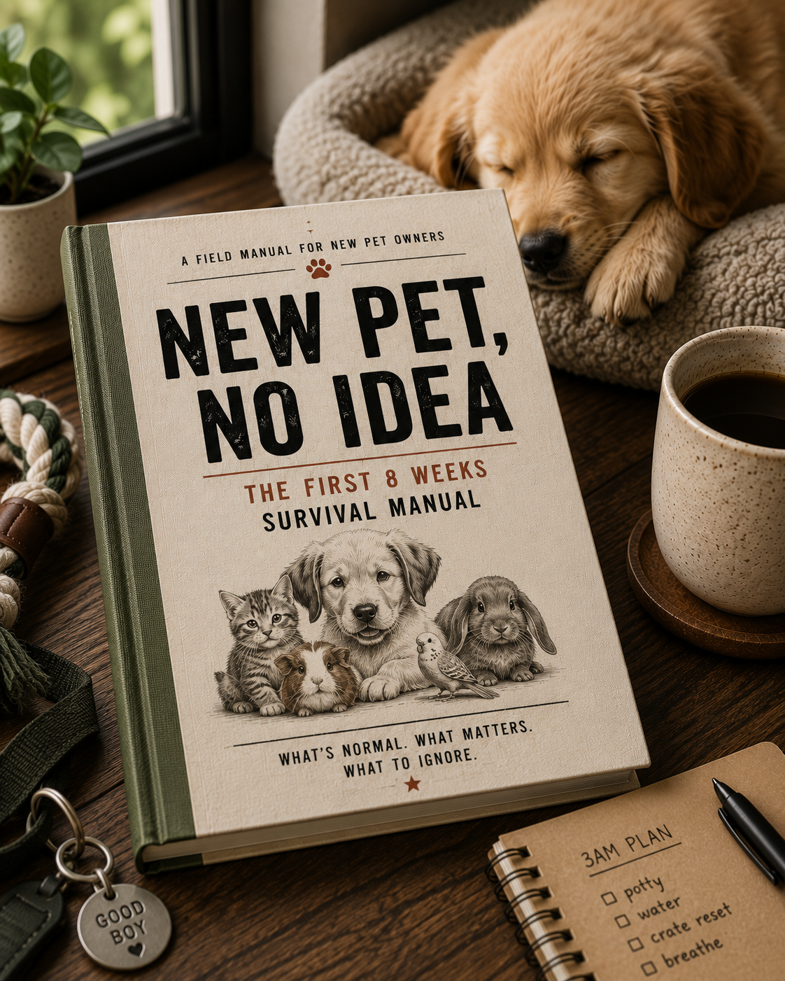 New Pet, No Idea — First 8 Weeks Survival Manual cover, showing the field manual book with a dog.
