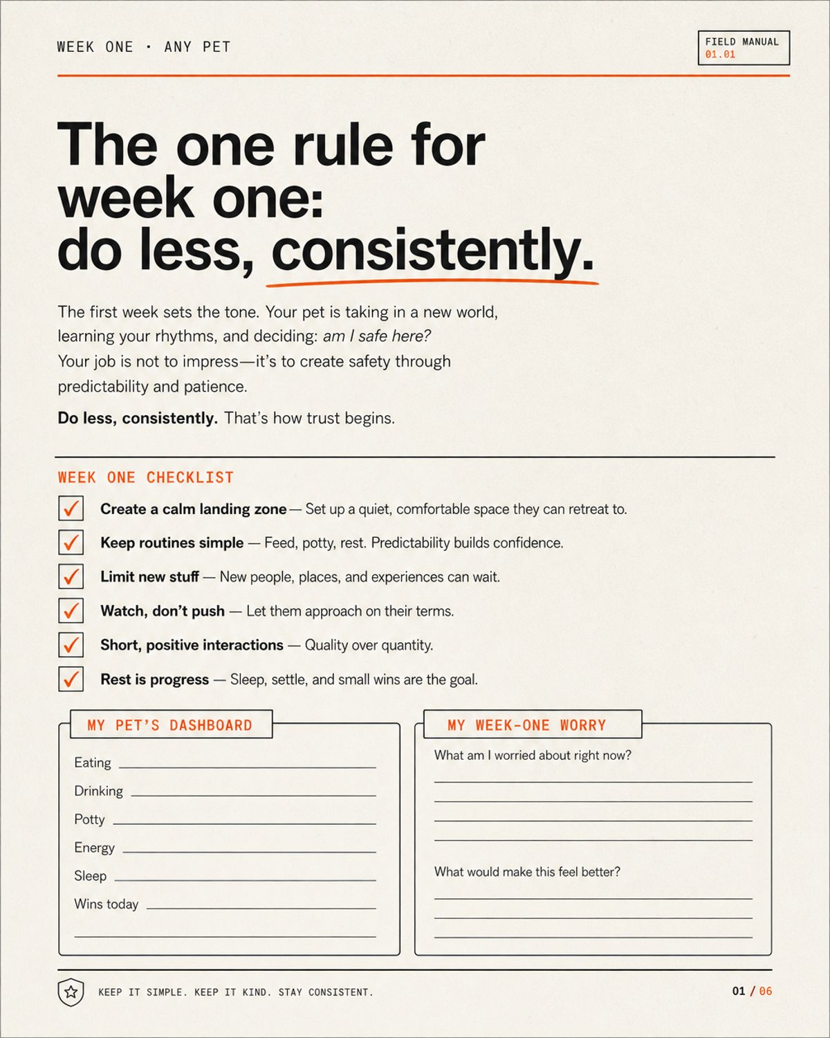 Sample page from The First Week With Any New Pet showing the week-one rule, checklist, and fill-in prompts