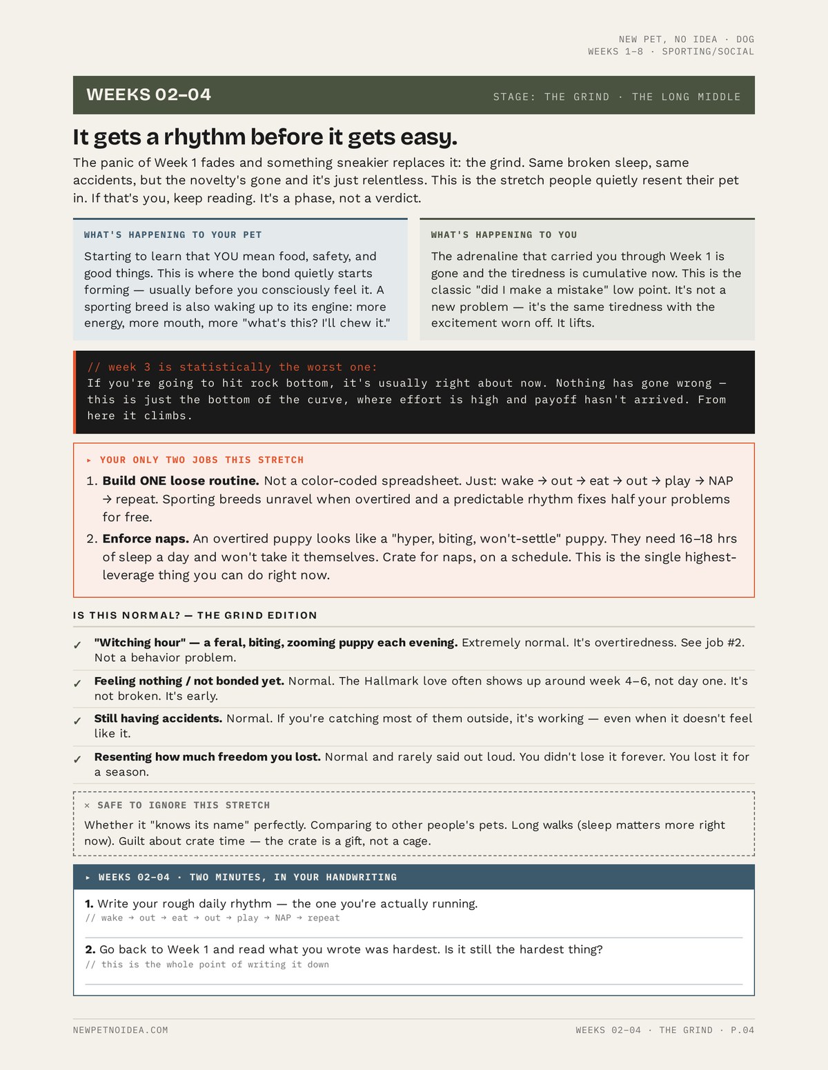 Sample page from New Pet, No Idea showing the Weeks 2 to 4 stage — what's happening to your pet, what's happening to you, your two jobs this stretch, and fill-in prompts
